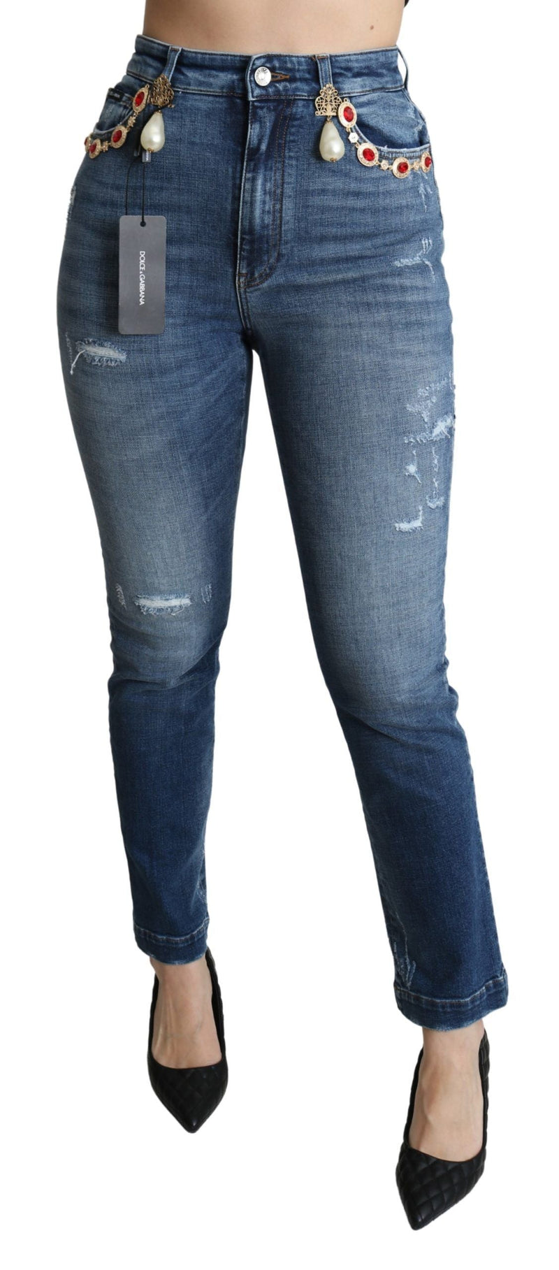 Blue Crystal Embellished Slim Fit Pants Jeans