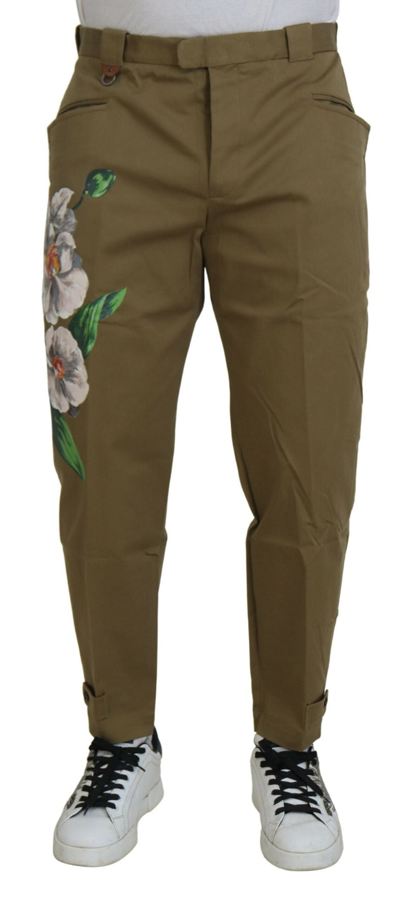 Beige Cotton Stretch Floral Chinos Pants